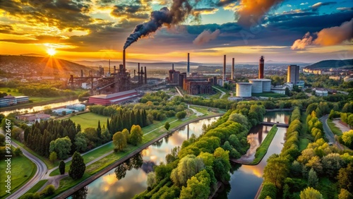 Industrial landscape of Ostrava cityscape at sunset, with smokestacks and factories surrounded by lush greenery and winding rivers in the Czech Republic. photo