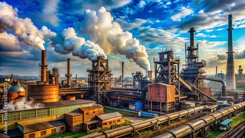 Industrial landscape featuring a sprawling steel mill with billowing smokestacks, tangled pipes, and rugged machinery against a contrasting blue sky. photo