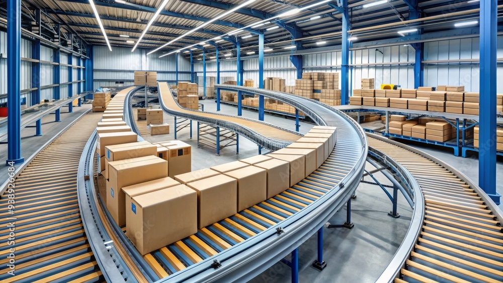Fototapeta premium Industrial production line featuring a long, winding conveyor belt transporting cardboard boxes, crates, and pallets through a modern warehouse or factory facility.