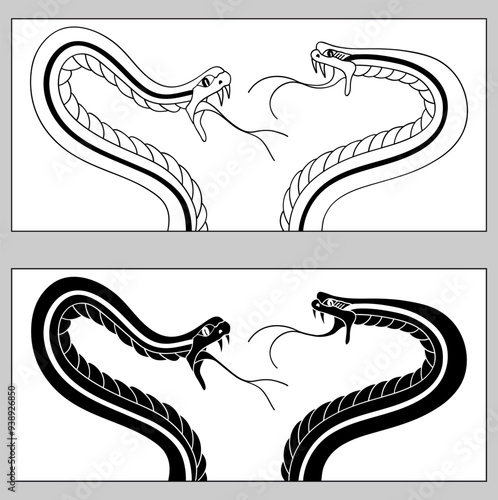 2 serpents face à face en position d’attaque, dessinés en silhouette noire et au contours noirs sans fond, symbole du nouvel an chinois 2025.
