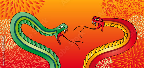 2 serpents face à face en colère dressé en position d’attaque, sur un fond de rond floral aux couleurs orangées pour le nouvel an chinois 2025.
