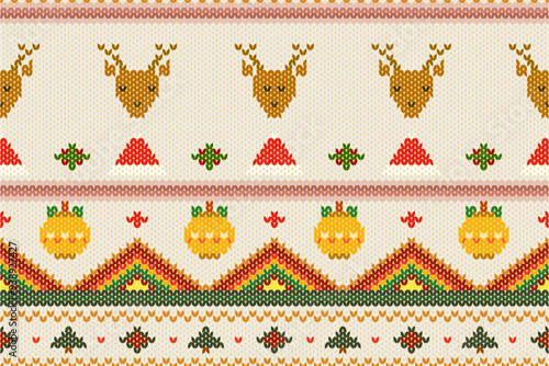 Ikat knitting Christmas decoration texture element seamless pattern. New year cross stitch embroidery design for fabric, clothing, wallpaper, ornament, scarf, background, card, postcard, greeting