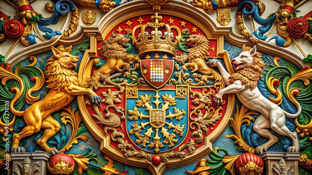 Intricate illustration of a regal coat of arms with ornate lines, vibrant colors, and mythical creatures, symbolizing nobility, honor, and ancient heritage. Intricate illustration of a regal coat of arms with ornate lines, vibrant colors, and mythical creatures, symbolizing nobility, honor, and ancient heritage.