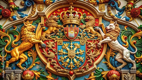 Wallpaper Mural Intricate illustration of a regal coat of arms with ornate lines, vibrant colors, and mythical creatures, symbolizing nobility, honor, and ancient heritage. Torontodigital.ca