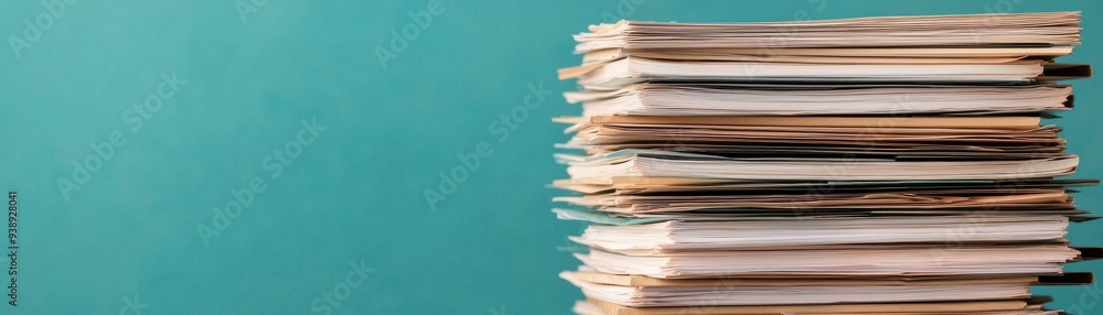 A stack of documents on a turquoise background, illustrating organization, paperwork, and office productivity. A stack of documents on a turquoise background, illustrating organization, paperwork, and office productivity.