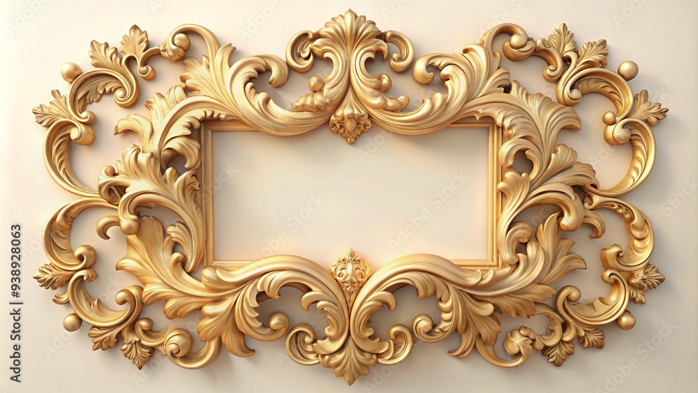 Intricately carved golden Baroque frame adorned with acanthus leaves and ornate scrollwork, surrounding a blank canvas, against a soft, creamy white background. Intricately carved golden Baroque frame adorned with acanthus leaves and ornate scrollwork, surrounding a blank canvas, against a soft, creamy white background.