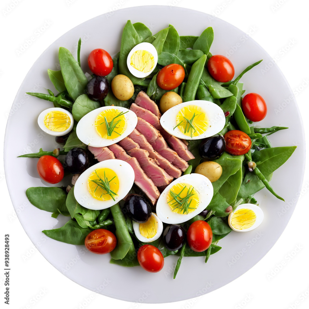 Nicoise salad with seared tuna hard boiled eggs green beans potatoes olives and cherry tomatoes Nicoise salad with seared tuna hard boiled eggs green beans potatoes olives and cherry tomatoes