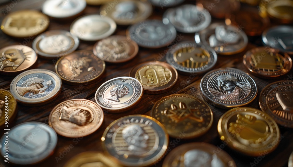 Assorted Coins on Wooden Surface with Soft Lighting, Financial Concept Assorted Coins on Wooden Surface with Soft Lighting, Financial Concept