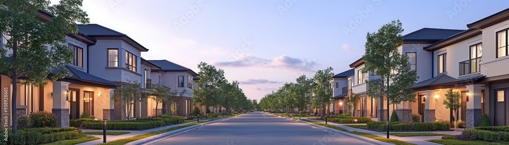 Modern suburban street at sunset with beautiful houses on either side, greenery, and a peaceful atmosphere, perfect for residential living. Modern suburban street at sunset with beautiful houses on either side, greenery, and a peaceful atmosphere, perfect for residential living.