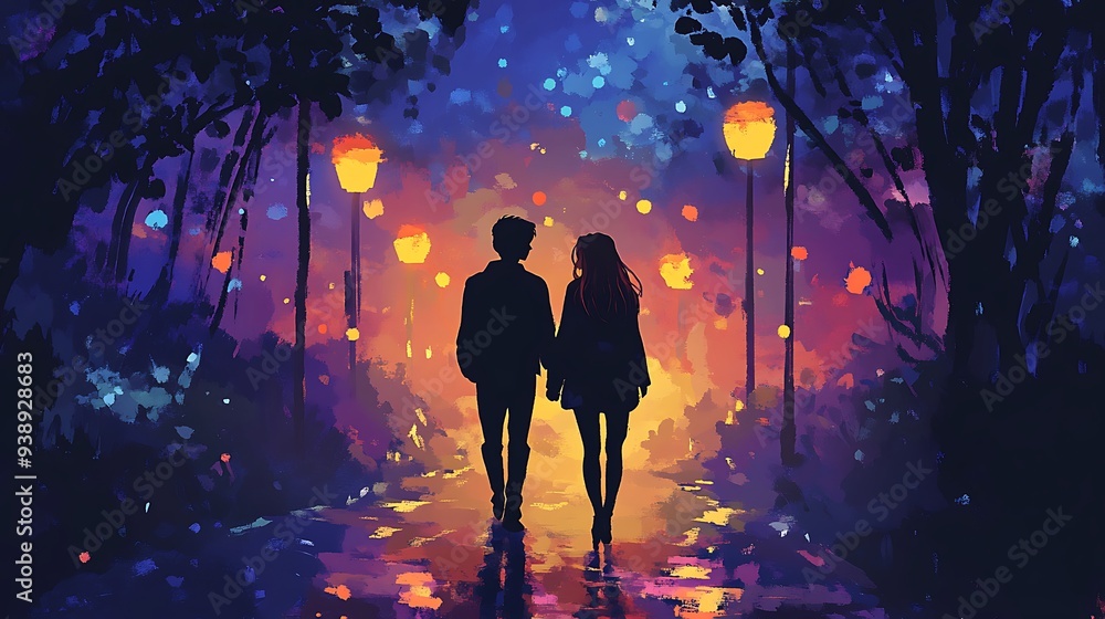 Silhouette of a couple walking hand-in-hand down a street at night, illuminated by streetlights and a hazy, colorful sky. Silhouette of a couple walking hand-in-hand down a street at night, illuminated by streetlights and a hazy, colorful sky.