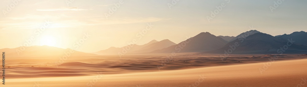 Fototapeta premium A stunning desert landscape with golden sand dunes and majestic mountains under a vibrant sunset glow.