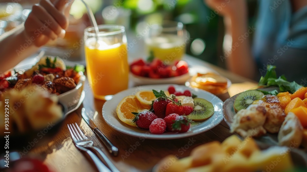 A person enjoying a homemade brunch with fresh fruits, pastries, and juice, celebrating a relaxing day off. - A person enjoying a homemade brunch with fresh fruits, pastries, and juice, celebrating a relaxing day off. -