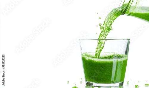 Refreshing Green Smoothie Poured into Glass: Vibrant Summer Beverage for Cooling and Detoxifying. Minimalist Composition with Elegant Design for Health-Conscious Marketing. Cucumber Water and Sugarcan photo