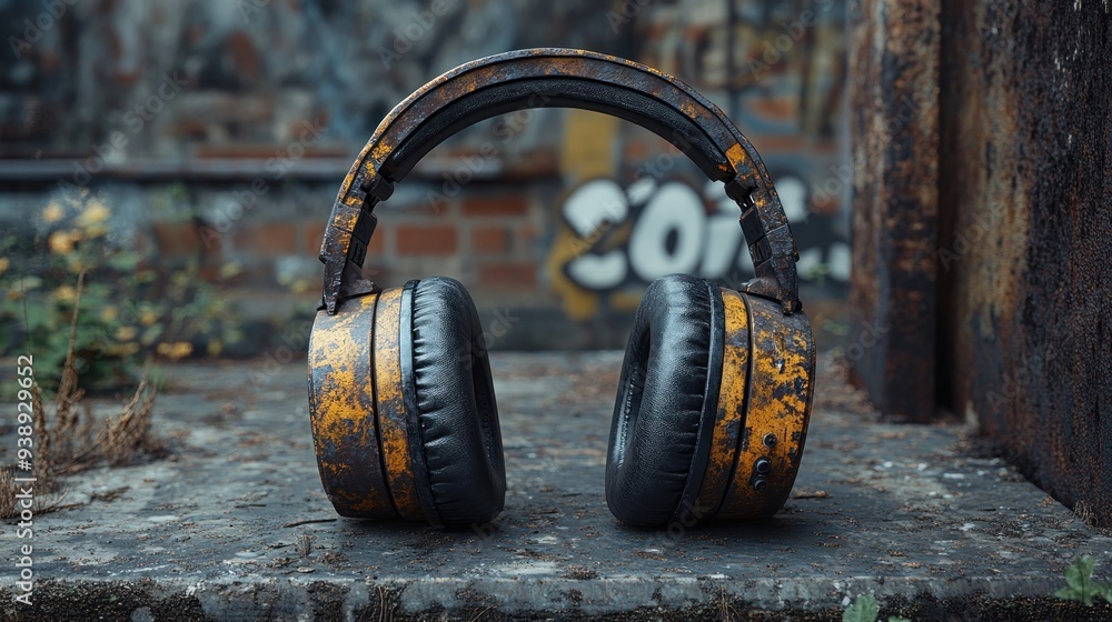 Fototapeta premium Rusty Headphones on a Concrete Surface