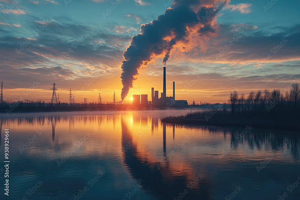 Factory smokestacks reflecting on water at sunset Factory smokestacks reflecting on water at sunset