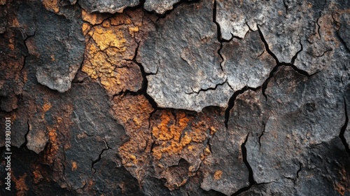 Close-up of cracked and weathered surface with dark grey, brown, and orange tones.