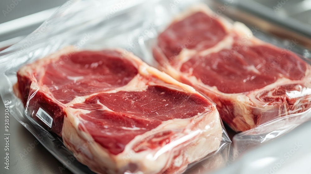A sealed package of fresh meat with a food safety label, ensuring safe consumption. A sealed package of fresh meat with a food safety label, ensuring safe consumption.