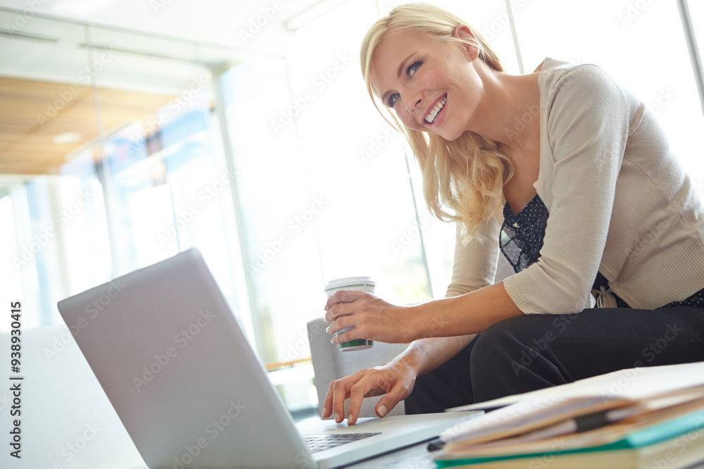 Business woman, laptop and smile with writer application files with professional recruiter at desk with coffee. Manuscript, employee and tech with staff info at digital publishing and press office Business woman, laptop and smile with writer application files with professional recruiter at desk with coffee. Manuscript, employee and tech with staff info at digital publishing and press office