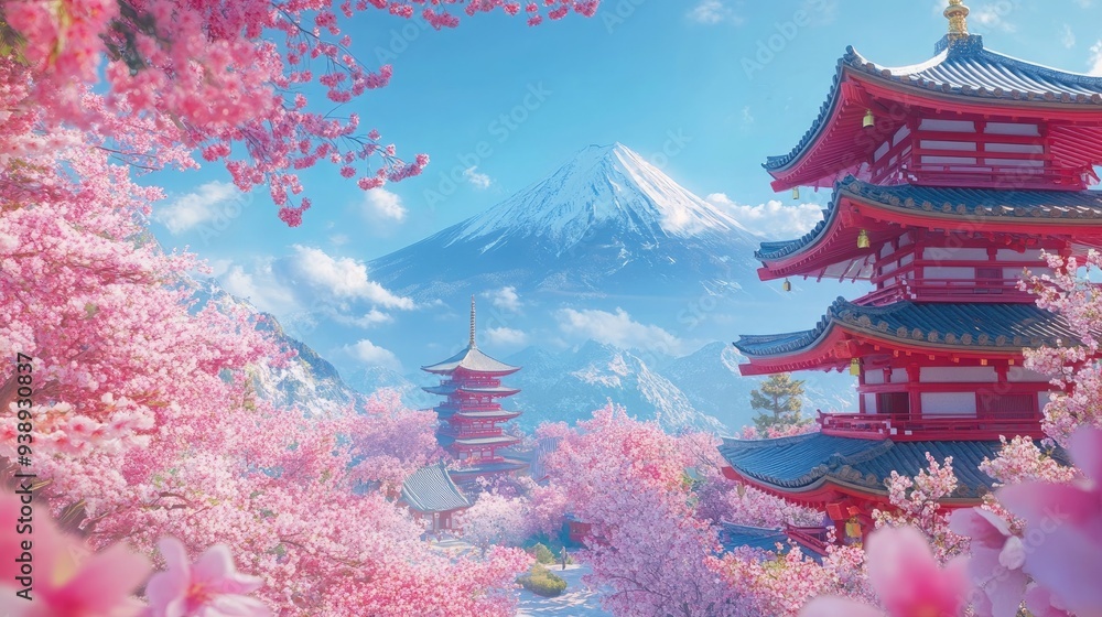 Cherry blossoms, a red pagoda, and Mount Fuji in the background Cherry blossoms, a red pagoda, and Mount Fuji in the background