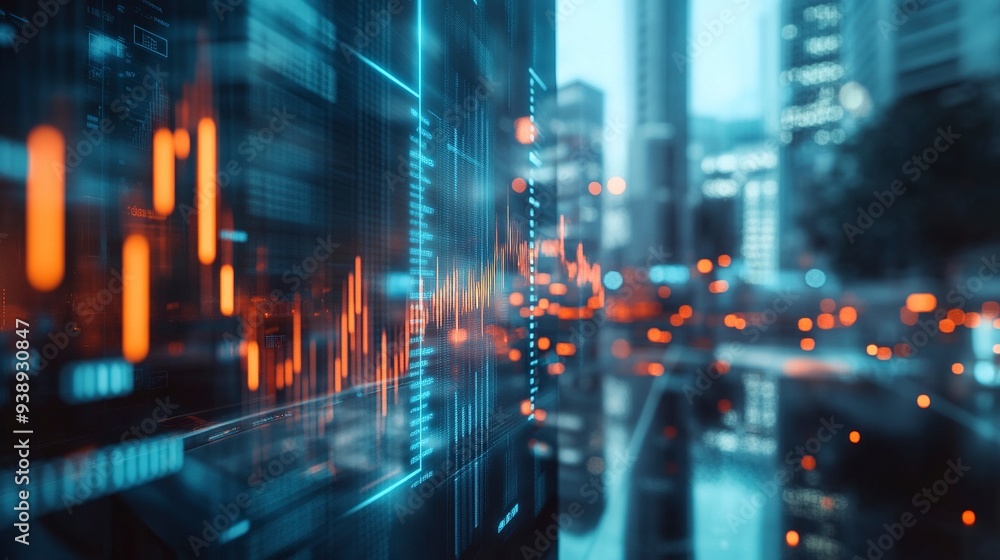 Obraz premium forex and investment concept. Virtual financial graph on blurry modern office building background, Generative ai