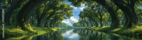 Serene forest river surrounded by lush green trees, blue sky peeking through, and sunlight casting beautiful reflections on the water.