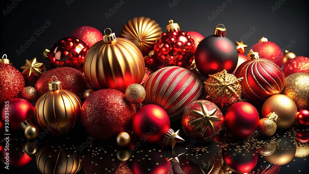 Luxurious black background featuring a festive arrangement of shiny red and gold Christmas ornaments in various shapes and sizes, evoking a sense of elegance. Luxurious black background featuring a festive arrangement of shiny red and gold Christmas ornaments in various shapes and sizes, evoking a sense of elegance.