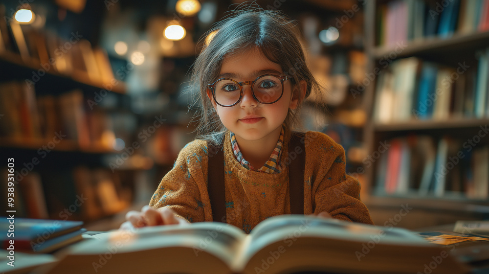 Young girl reading a book in a library Young girl reading a book in a library