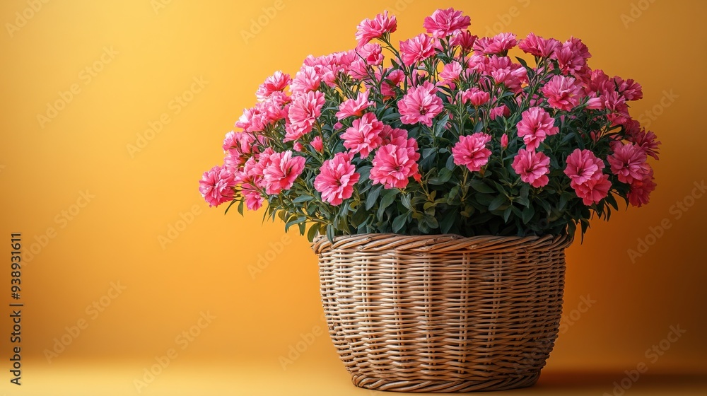 Wicker basket of pink flowers on pastel yellow background. Happy Mother's Day birthday International Women's Day banner design. Wicker basket of pink flowers on pastel yellow background. Happy Mother's Day birthday International Women's Day banner design.