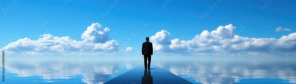 Silhouette of man walking on reflective water surface under clear blue sky with fluffy clouds, symbolizing journey, reflection, and serenity. Silhouette of man walking on reflective water surface under clear blue sky with fluffy clouds, symbolizing journey, reflection, and serenity.