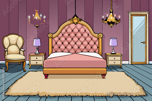 Luxurious Bedroom with Velvet Headboard & Crystal Chandelier - Vector Art