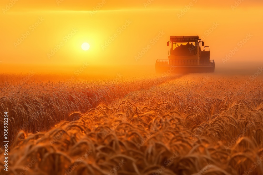 Fototapeta premium Harvesting ripe wheat at sunset a glimpse into agriculture and farming photography