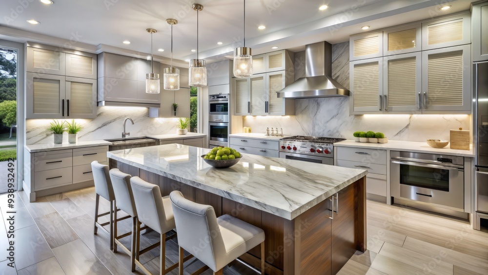 Luxurious modern kitchen features a stunning white marble countertop with subtle veining, beautifully complementing sleek cabinetry and stainless steel appliances. Luxurious modern kitchen features a stunning white marble countertop with subtle veining, beautifully complementing sleek cabinetry and stainless steel appliances.