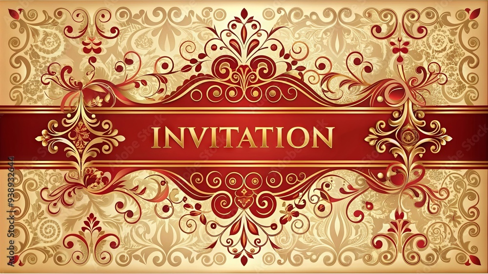 Luxurious red holiday invitation with golden font and ornate design elements on a cream background, evoking sophistication and festive cheer for a magical Christmas celebration. Luxurious red holiday invitation with golden font and ornate design elements on a cream background, evoking sophistication and festive cheer for a magical Christmas celebration.