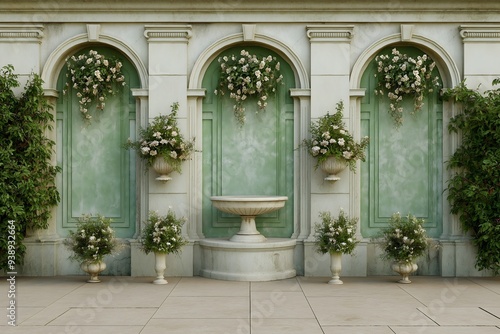 Backdrop Versailles rococo fountain, venue for wedding photography. Floral antique vases, marble wall.