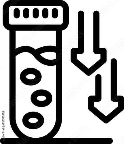 Medical icon of a blood test tube showing low levels with red blood cells and down arrows