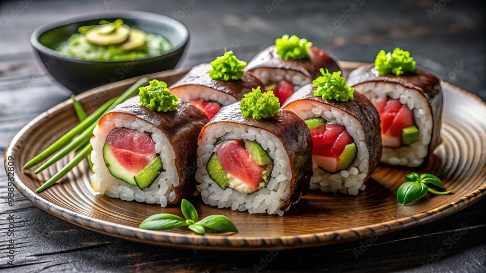 Luxurious sushi rolls filled with tender slices of rich Wagyu beef, garnished with fresh wasabi and pickled ginger, on a minimalist Japanese-inspired plate. Luxurious sushi rolls filled with tender slices of rich Wagyu beef, garnished with fresh wasabi and pickled ginger, on a minimalist Japanese-inspired plate.