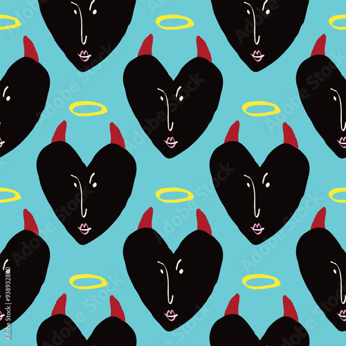 Valentines Day pattern with ugly funky hearts. Groovy cute love characters. Vector illustration in doodle style