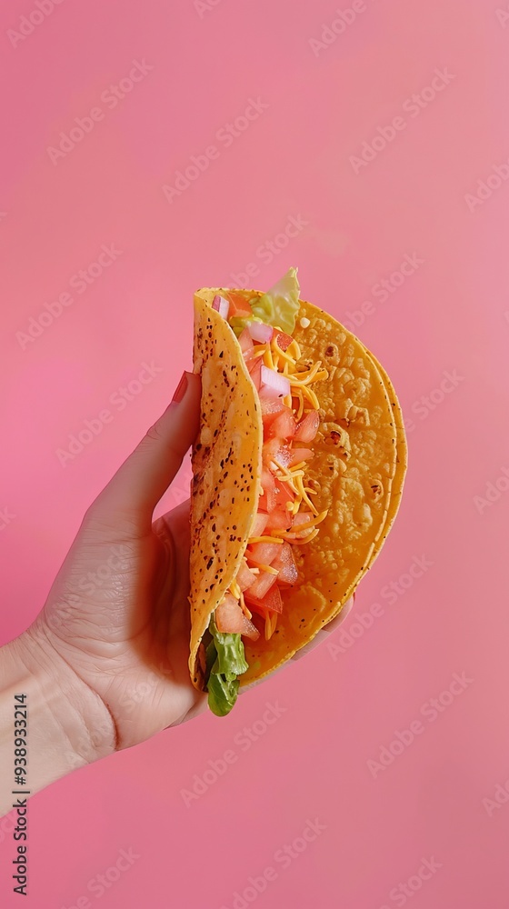 A hand with red nails holding a taco filled with lettuce, diced tomatoes, cheese, and onion in front of a vibrant pink background. A hand with red nails holding a taco filled with lettuce, diced tomatoes, cheese, and onion in front of a vibrant pink background.