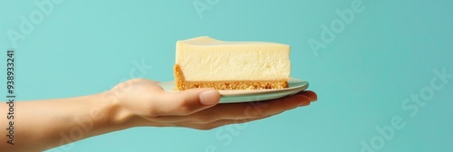 A hand gently presenting a slice of creamy cheesecake sitting on a light blue plate, set against a solid aqua background. photo