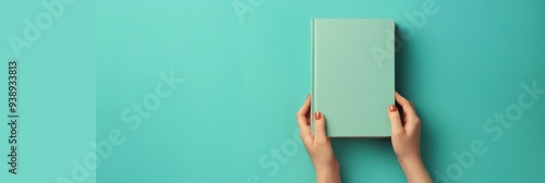 Two hands hold a closed light greenish-blue book against a solid teal backdrop, indicating a sense of curiosity and anticipation. photo