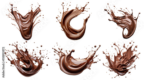 Set of chocolate splashes isolated on transparent background, liquid chocolate swirl collection