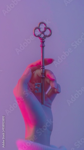 A hand holds an ornate, antique skeleton key against a blue and pink gradient background, creating a vintage and mysterious atmosphere. photo