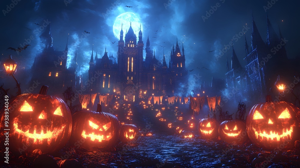 Fototapeta premium The castle is decorated with sinister banners, glowing jack-o'-lanterns, and flickering torchlights