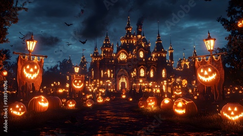 The castle is decorated with sinister banners, glowing jack-o'-lanterns, and flickering torchlights