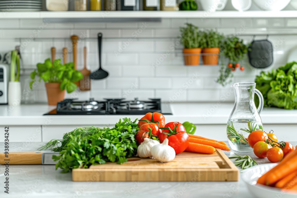 Fresh vegetables on kitchen countertop for healthy cooking concept. Fresh vegetables on kitchen countertop for healthy cooking concept.