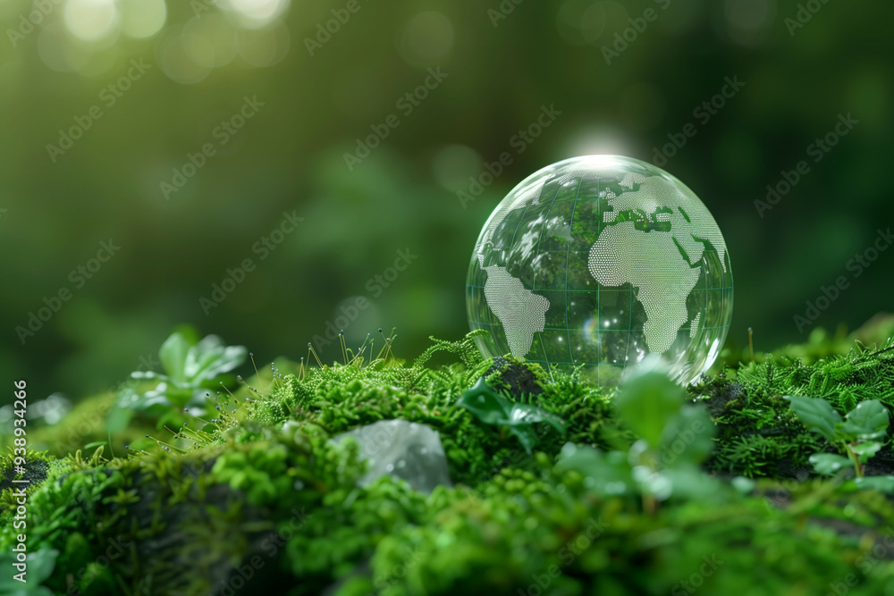 A transparent globe rests on a bed of lush green moss, illustrating the seamless integration of advanced technology with the natural environment and symbolizing a sustainable A transparent globe rests on a bed of lush green moss, illustrating the seamless integration of advanced technology with the natural environment and symbolizing a sustainable