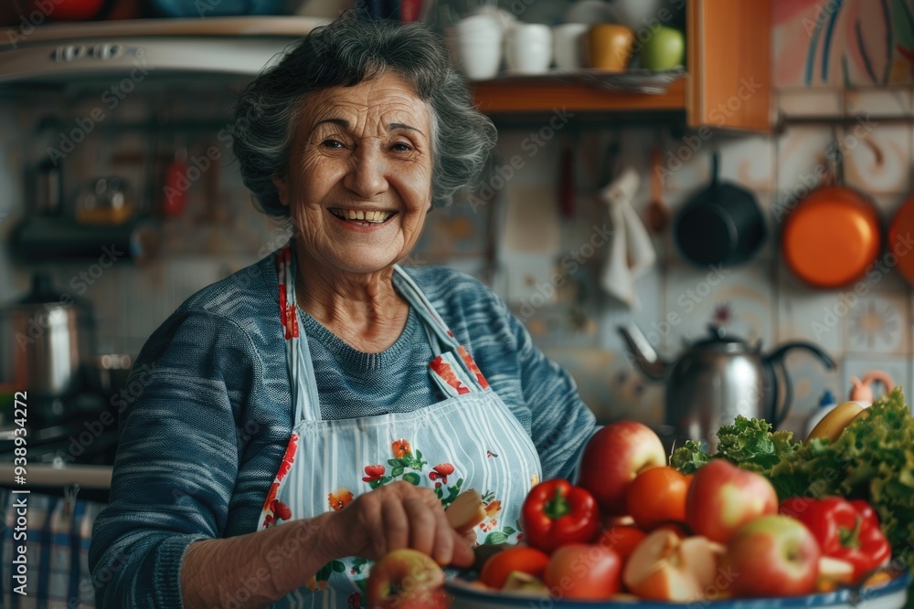 Happy senior woman cooking and eating healthy fruit salad. Happy senior woman cooking and eating healthy fruit salad.
