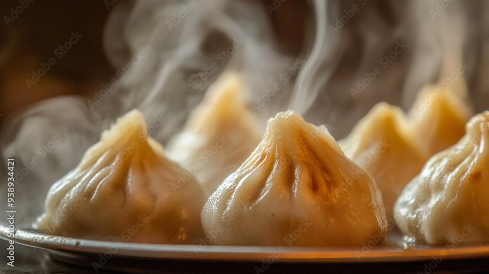 Steaming dumplings served on a wooden table, inviting warmth fills the air in a cozy kitchen setting during dinner time Steaming dumplings served on a wooden table, inviting warmth fills the air in a cozy kitchen setting during dinner time