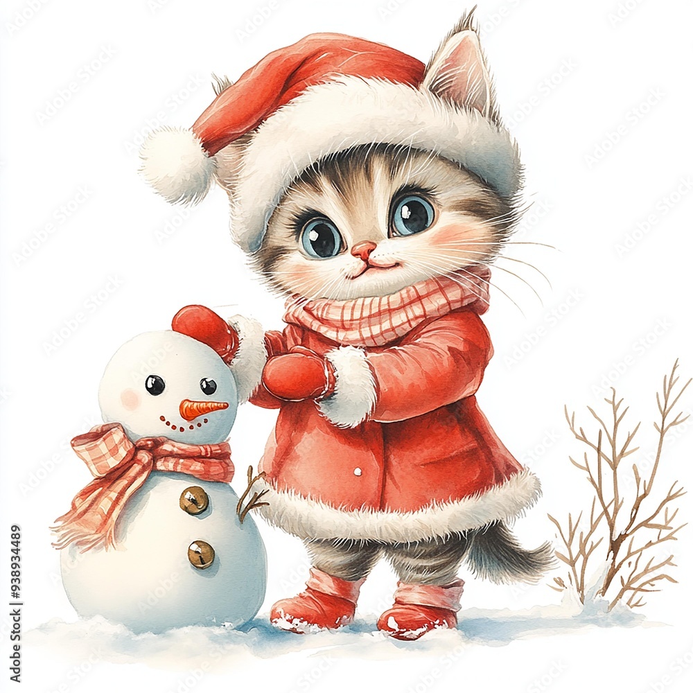 A cute kitten in a Santa hat joyfully builds a snowman in a winter wonderland scene, spreading holiday cheer and warmth. A cute kitten in a Santa hat joyfully builds a snowman in a winter wonderland scene, spreading holiday cheer and warmth.