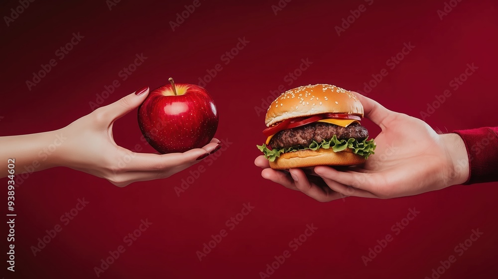 Close-Up of a Woman’s Hand Holding an Apple and a Man’s Hands Holding a Burger Against a Red Background, Highlighting Food Choices and Dietary Preferences in a Realistic Photograph Close-Up of a Woman’s Hand Holding an Apple and a Man’s Hands Holding a Burger Against a Red Background, Highlighting Food Choices and Dietary Preferences in a Realistic Photograph